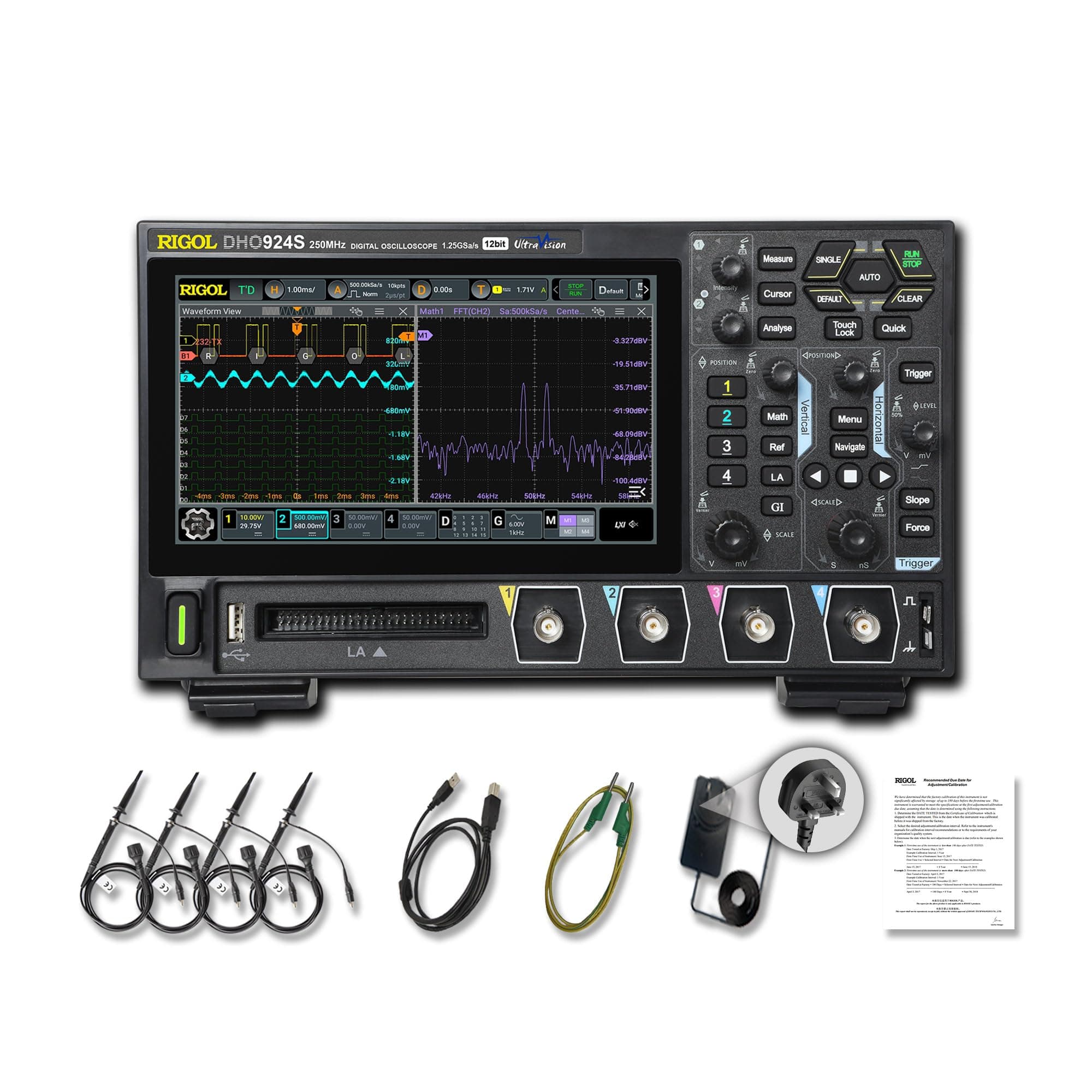 RIGOL DHO924S Portable Digital Oscilloscope, 250MHz Bandwidth, 4 Analog Channels, 16 Digital Channels, 12-bit Vertical Resolution, supports Bode Plot Analysis, integrated 25MHz Signal Generator