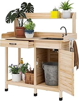 Outsunny Potting Bench Table with Sink, Outdoor Work Bench Table with Storage Cabinet, Hooks, Removable Sink, Faucet and Drawer for Greenhouse, Garden, Patio, Natural Wood