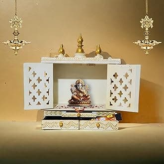 - 15'' White Wooden Hindu Temple for Home Handpainted Mandir with Door Wall Mount Pooja Ghar