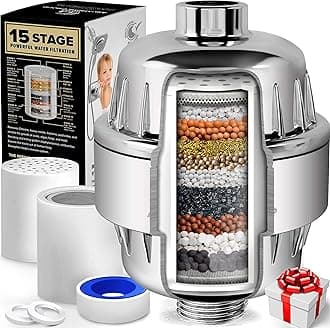 15 Stage Shower Filter with Vitamin C for Hard Water - Removes Chlorine, Fluoride, Heavy Metals & Sediment - 2 Cartridges Included - Consistent Water Pressure
