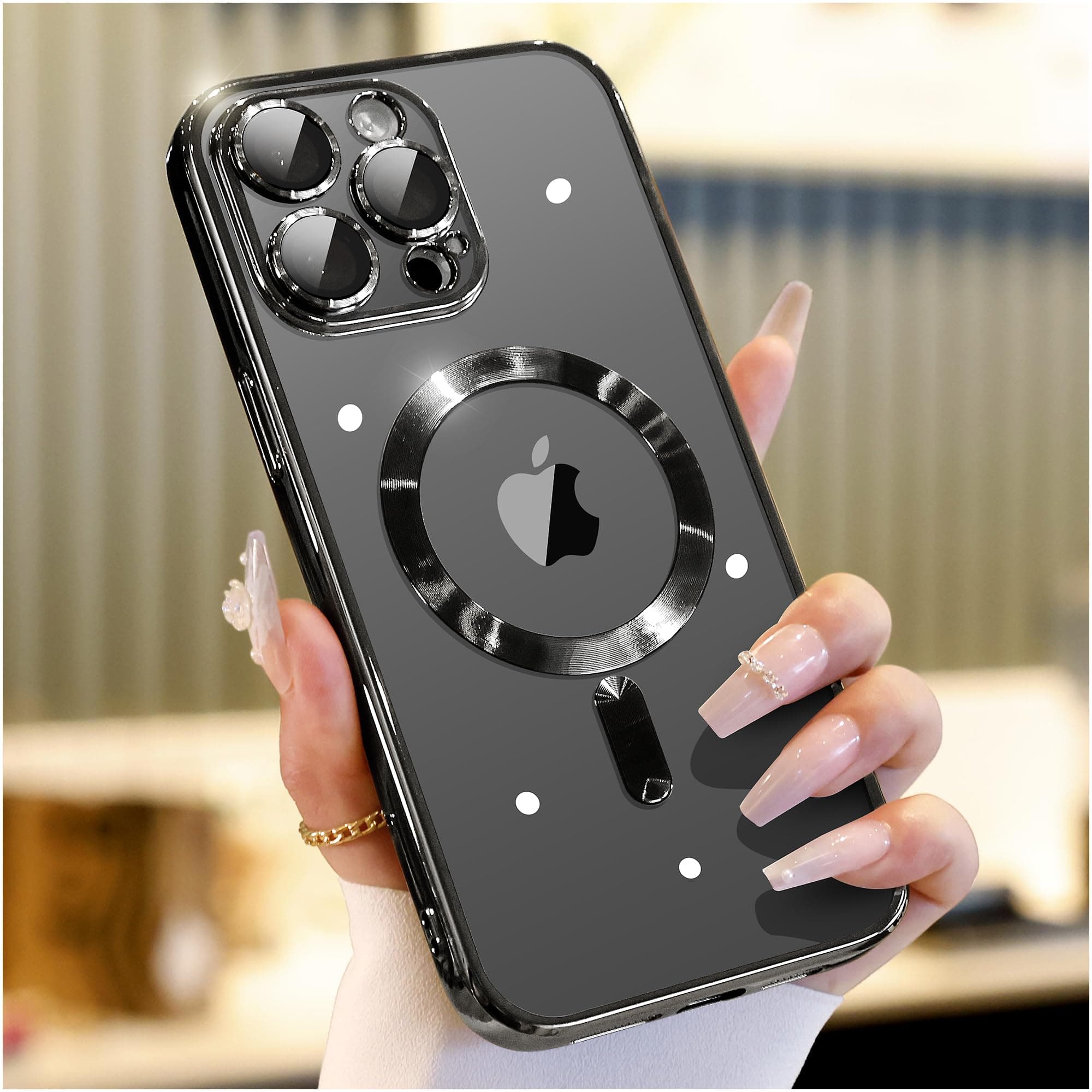 for iPhone 15 Pro Case with Integrated Camera Lens Protection, [Seamless Work with Magsafe] [Metallic Glossy Soft Bumper], Diamond Clear Stylish Case for iPhone 15 Pro, Black Titanium