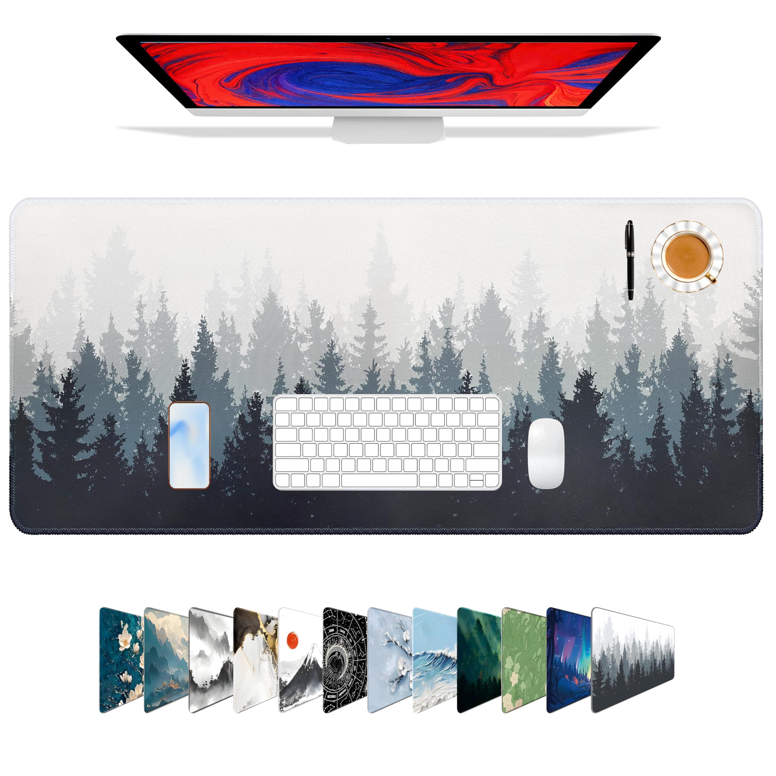 Galdas Gaming Mouse Pad Forest Background Pattern XXL XL Large Mouse Pad Mat Long Extended Mousepad Desk Pad Non-Slip Rubber Mice Pads Stitched Edges Thin Pad (31.5x11.8x0.12 Inch)-Tree