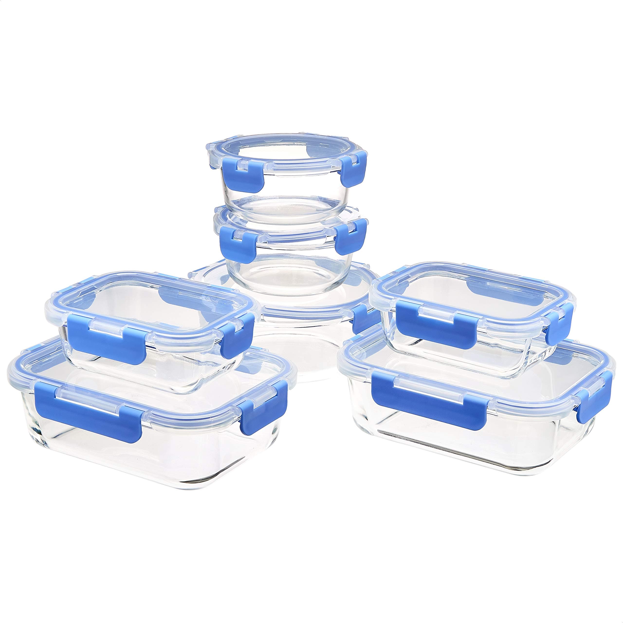 Amazon Basics Glass Locking Lid Food Storage, 14 Count Set, 7 Containers and 7 BPA-Free Lids, Clear With Blue Silicone Ring