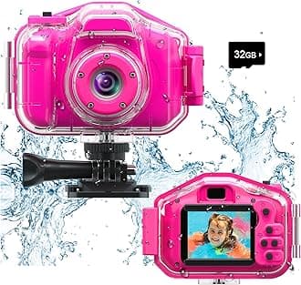 Agoigo Kids Waterproof Camera - Children Underwater HD Video Digital Camcorder, Portable Travel Toy for Toddler - Ideal Christmas Birthday Gifts for Boys Girls Age 3-12 with 32GB Card (Rose Red)