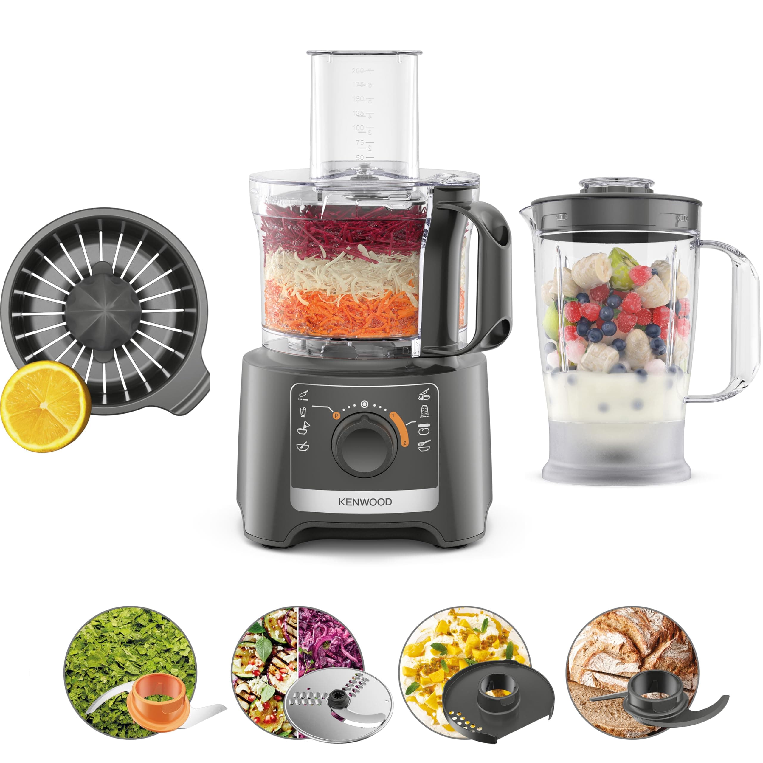 Food Processor 800W Multi-Functional with Blender, Citrus Juicer, Reversible Slicing/Grating Disk, Emulsifying Disk for Whisking, Dough Maker, Knife Blade FDP31.270GY Grey