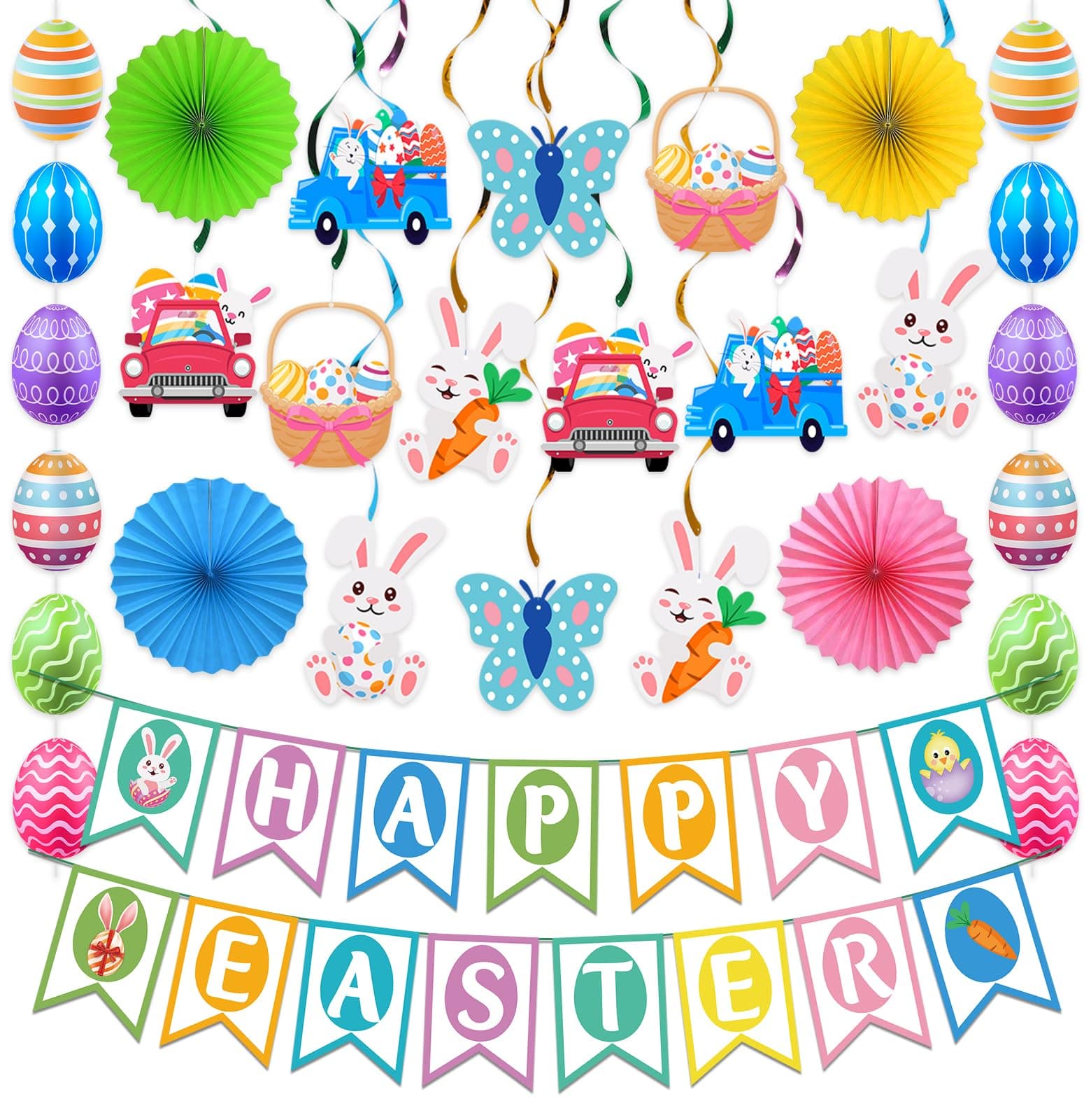 32Pcs Easter Decorations Easter Decor Happy Easter Banner Egg Bunny Garland H...
