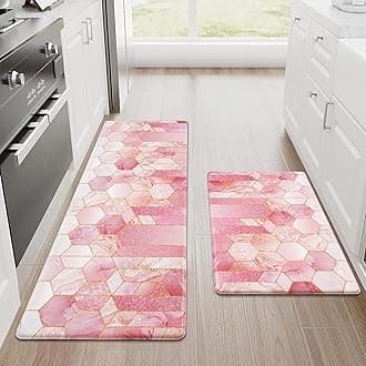 Alishomtll PVC Kitchen Rugs, 2 Piece Waterproof Non-slip Anti-Fatigue Kitchen Mats, Stain-Resistant Kitchen Runner Washable Standing Mats for Kitchen Floor Home Office 44x75+44x120cm, Pink