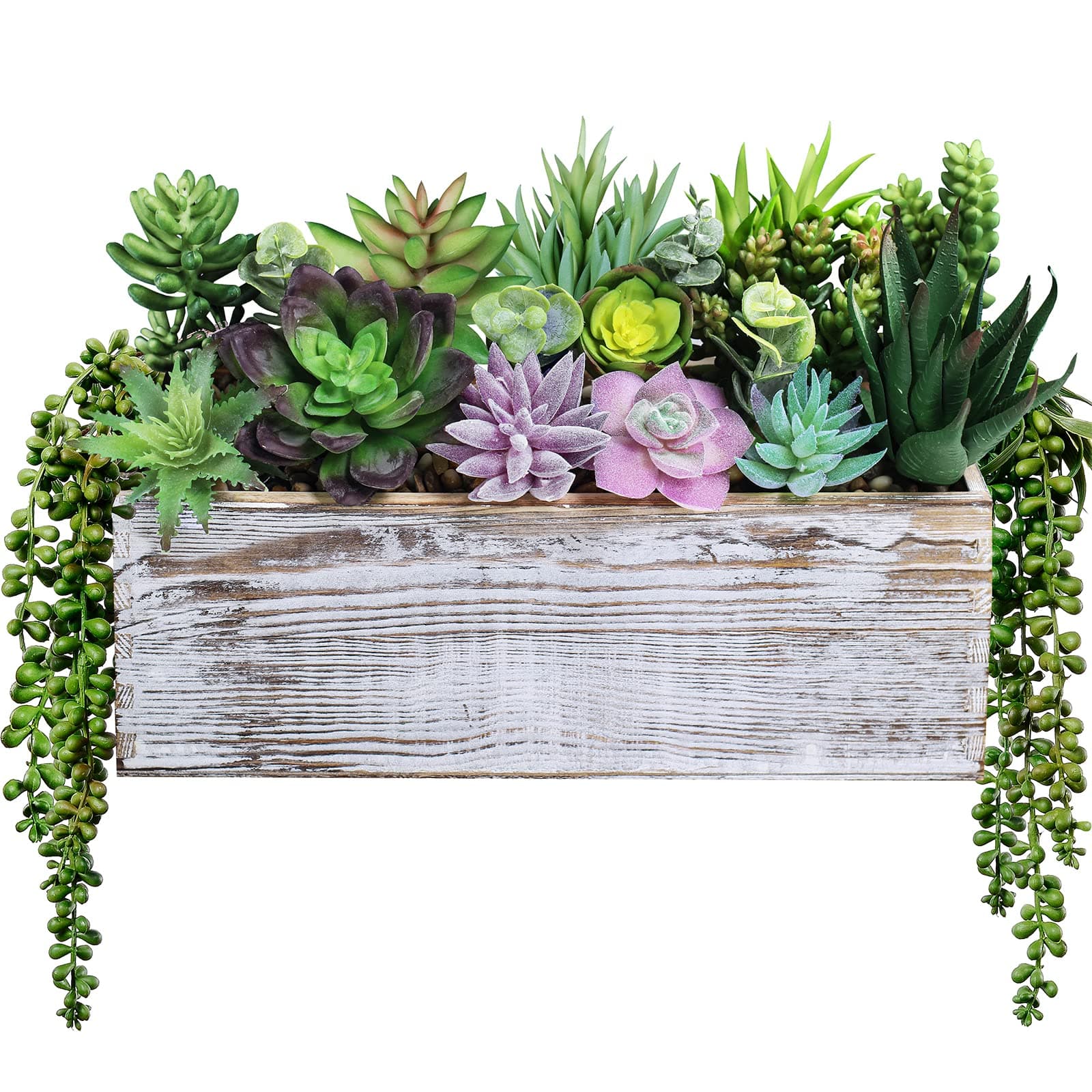 Winlyn 19 Pcs Assorted Artificial Succulents in Rectangular Wooden Pot Succulents Garden in Wood Planter Box Potted Succulents Plants Arrangement for Table Centerpiece Windowsill Greenery Decor