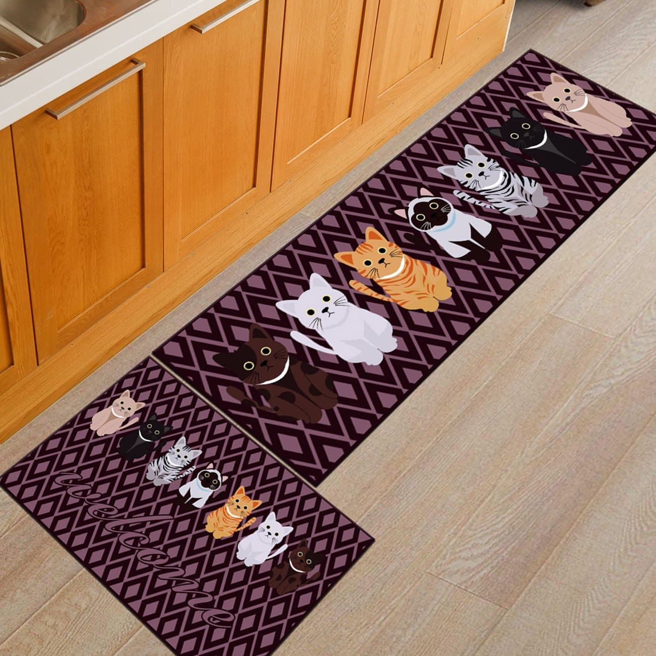 EZSTAX 2pcs set Non-Slip Absorbent Kitchen Mat Rubber Backing Doormat Runner Rug Floor Carpet, 7 cats, 16"x24"+16"x47"