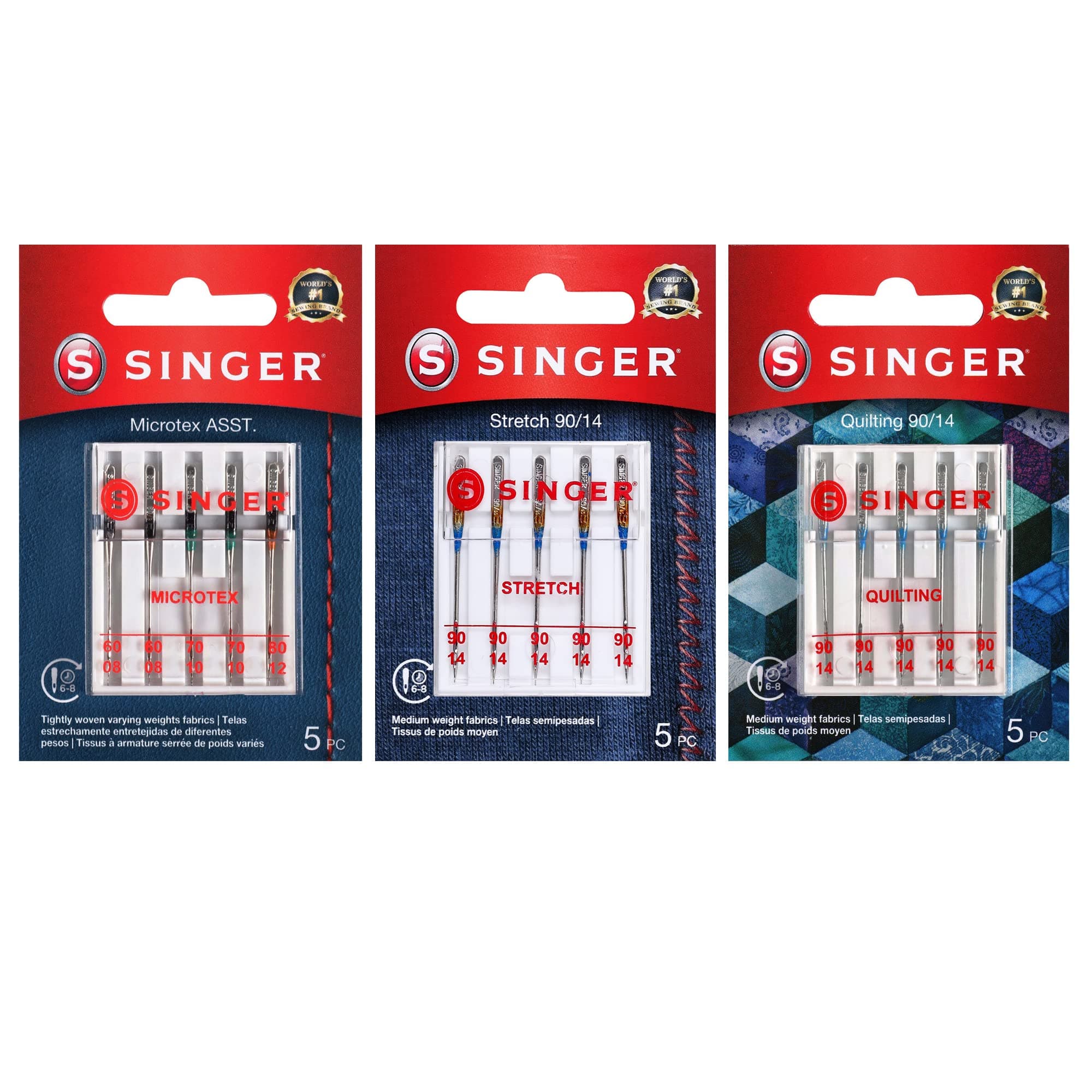 SINGER Assorted Quilting Sewing Machine Needle Bundle in Sizes 60/08, 70/10, 80/12, 90/14 Includes Microtex Needles and Stretch Needles, 15 pc Set