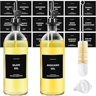 Olive Oil Dispenser Bottle - Includes 55 Kitchen Essential Labels - Cooking Oil Bottles for Kitchen, Coffee Syrup Dispenser - Pourer Spout with 16.9 fl oz Glass Container Cruet - 2pcs, Black