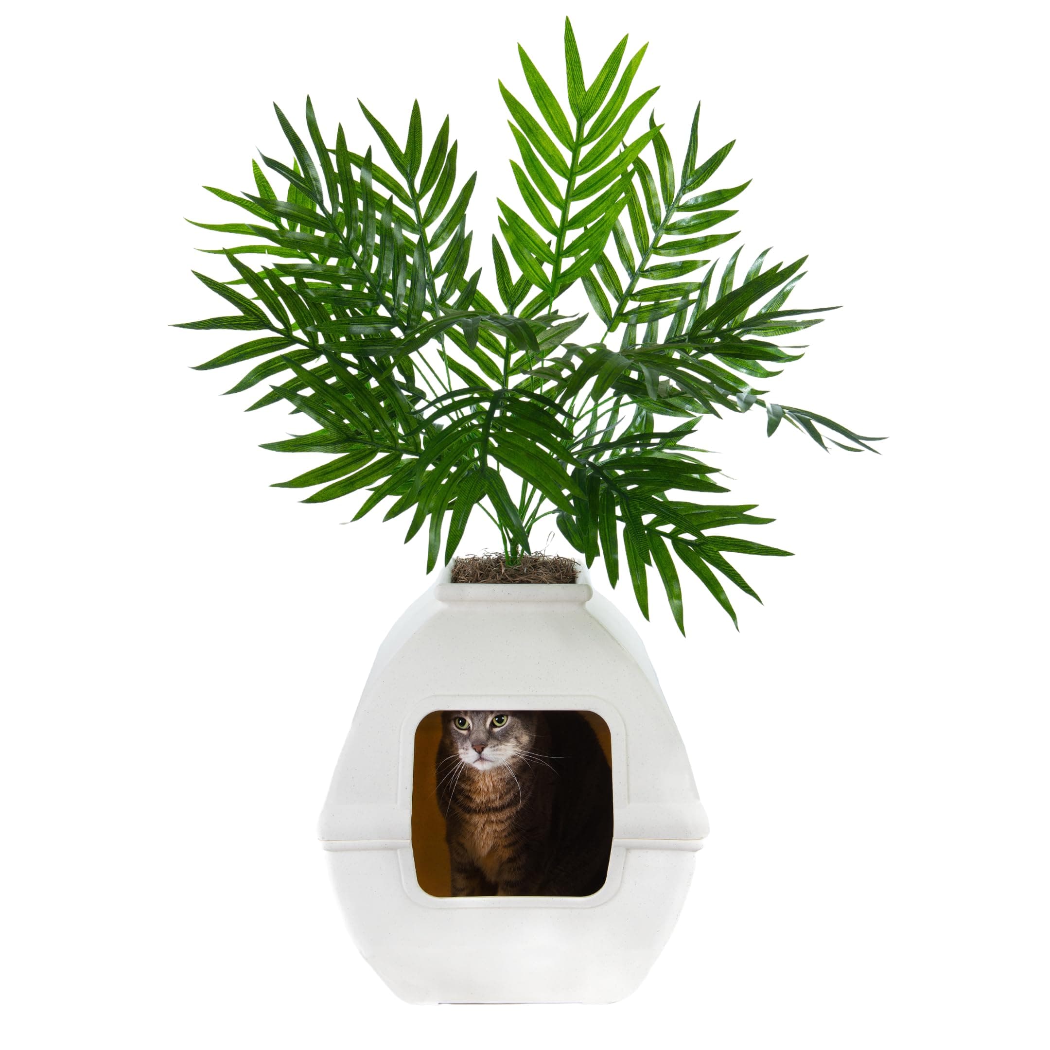 Good Pet Stuff, Courtyard Hidden Litter Box Base Kit, Square Enclosed Cat Litter Box Planter with Artificial Plants, Vented Carbon Odor Filter System, Florist Moss, Easy to Clean, White Birch