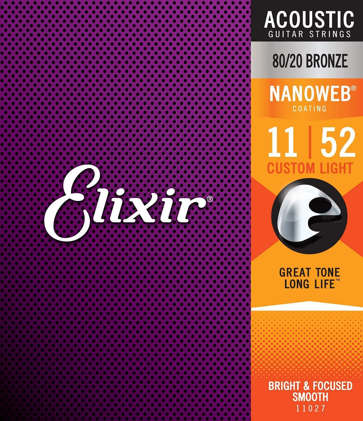 Elixir 11027 Strings 80/20 Bronze Acoustic Guitar Strings w NANOWEB Coating, Custom Light (.011-.052)
