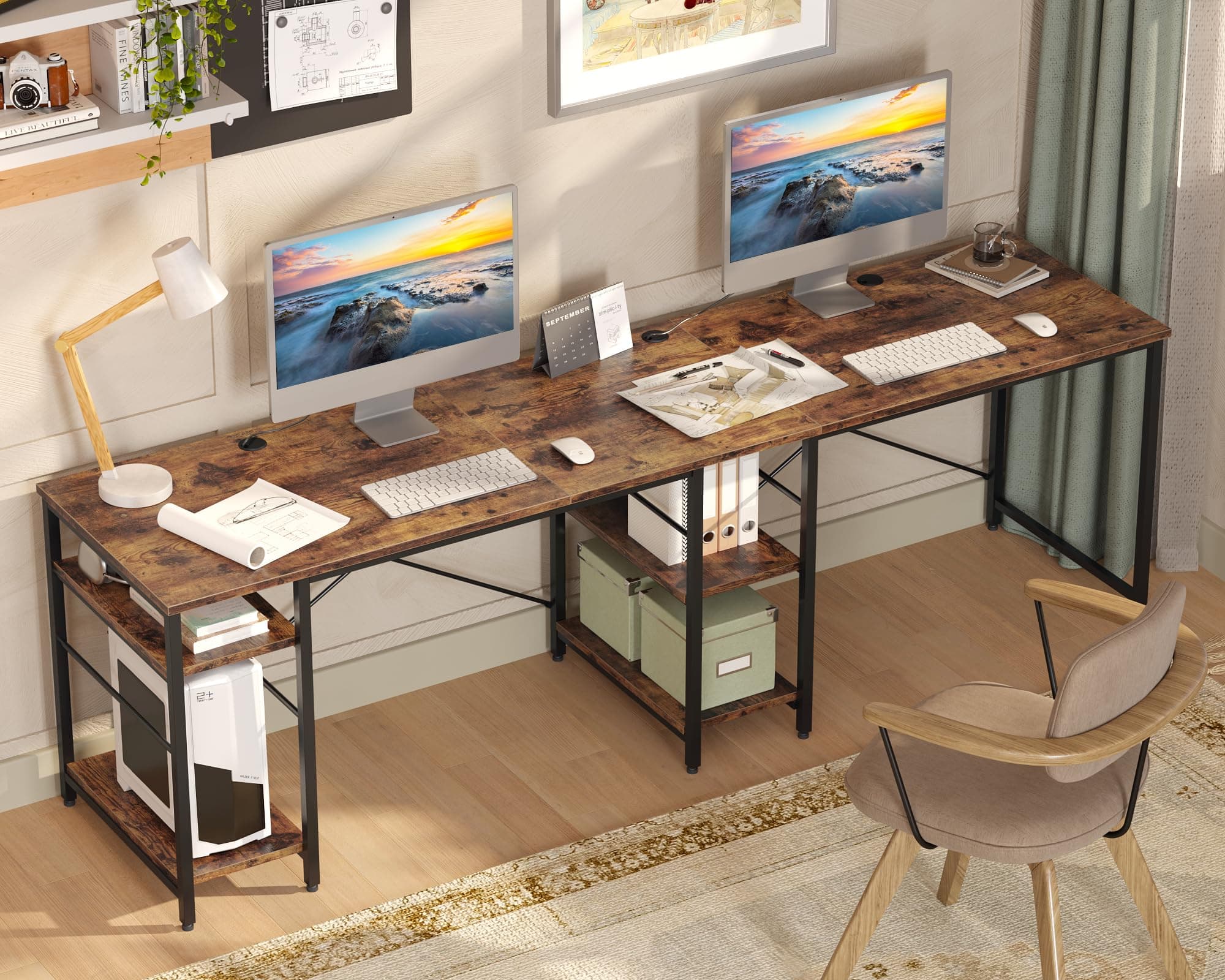 L Shaped Desk, 95.2 Inch Reversible Corner Computer Desk with Shelves, 2 Person Long Table for Home Office, Large Writing Storage Workstation with 3 Cable Holes, Rustic Brown