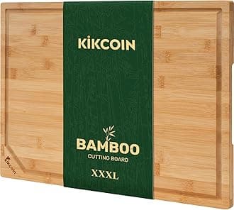 Kikcoin 24”×18” Bamboo Cutting Boards for Kitchen, Wooden Healthy Cutting Boards for Charcuterie, Vegetables, Cheese, Bread, Extra Large Chopping Boards with Deep Juice Groove and Handle, Natural