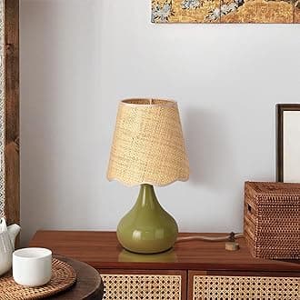 Green Cute Small Boho Table Lamp for Bedroom Bedside, Green Lamps for Nightstand, Scalloped Rattan Shade Table Lamps for Small Spaces for Bedroom, Home Office, Living Room, Kids Dorm