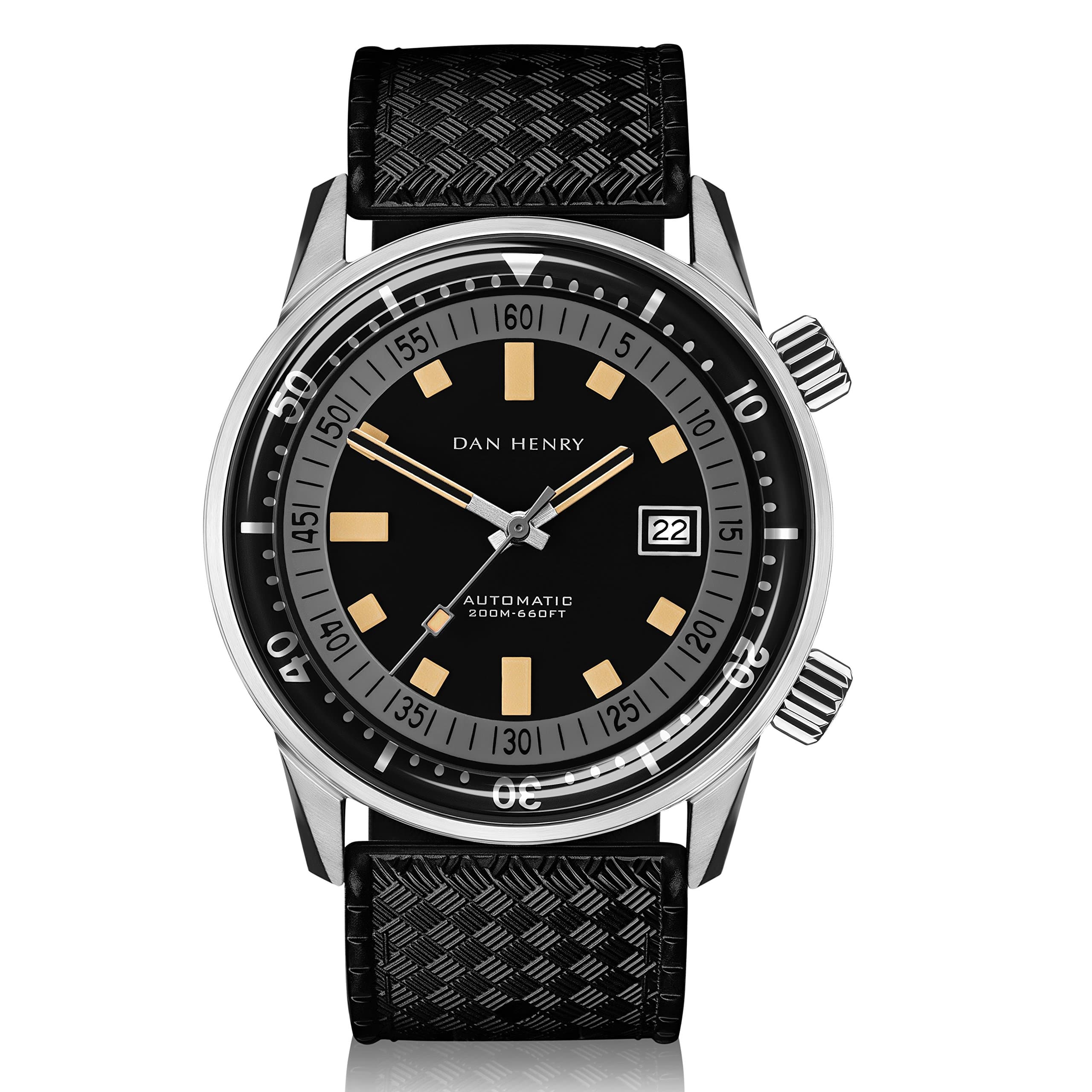 Dan Henry 1970 Automatic Diver Super Compressor 200 Meters Watch. Mate Black Dial with Date, Double Crown and Inner Rotating Bezel, Limited Edition, 44mm Stainless Steel Case, Black Rubber Strap