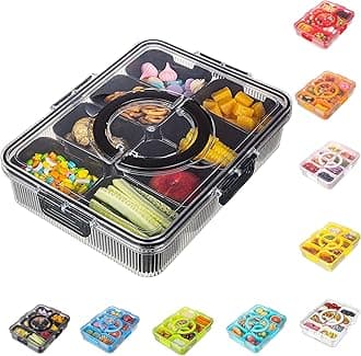 Patent Design Ribbed Snackle Box Container Divided Serving Tray with Lid and Handle -Charcuterie Container Portable Storage Organizer for Candy, Fruit, Beach, Picnics（1 pcs, Black）