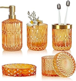 Orange Bathroom Accessories Set, 5Pcs Clear Glass Bathroom Set, Lotion Soap Dispenser, Soap Dish, Tumbler, Toothbrush Holder Set, Qtips Holder for Vintage Bathroom Decor, Set