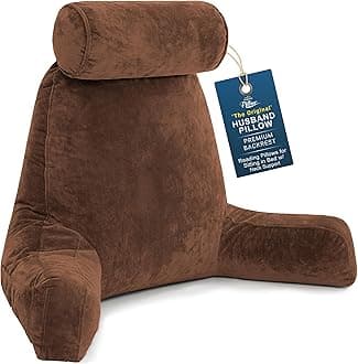 Husband Pillow XXL The Original for Adults - 30" Tall Backrest for Sitting Up in Bed - Firm Support Reading & Bed Rest Pillows for Adults, Neck Roll, Removable Cover - TV - Chocolate