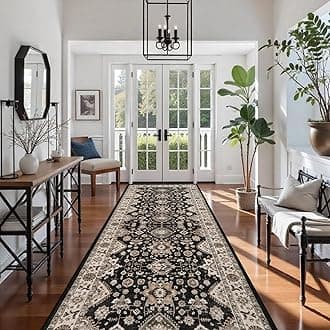 Washable Hallway Runner Rug 4x12: Non Slip Runner Rugs with Rubber Backing Soft Kitchen Rug Farmhouse Distressed Carpet Runner for Living Room Bedroom Bathroom (Black, 4X12)