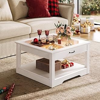 LINSY HOME Coffee Table, 31.5" Square Coffee Table with Glass Tabletop, Open Display Area and Storage Drawer, Modern Farmhouse Center Table for Living Room, White
