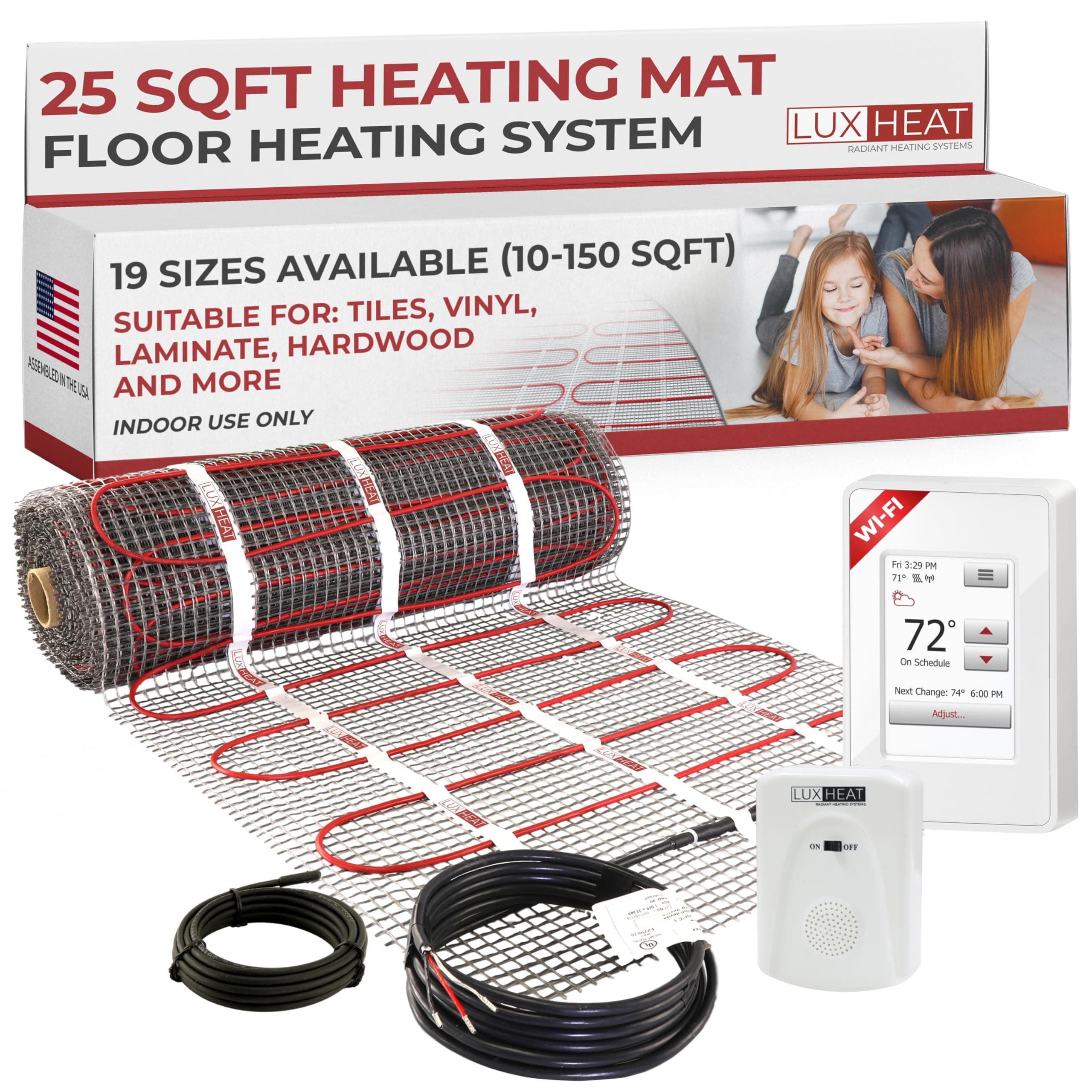 25sqft Floor Heating Mat Kit - 120v Under Floor Heating System - Electric Radiant Heated Flooring System for Tile & Laminate - Includes UWG4 WiFi Programmable Thermostat w/GFCI, Alarm & Sensor