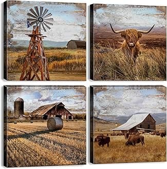 Generic Rustic Farmhouse Wall Art for Kitchen Living Room Countryside Landscape Decor Vintage Windmill Barn Cow Canvas Pictures Farm Animals Posters Prints Artwork Home Decorations 20x20” 4Pcs
