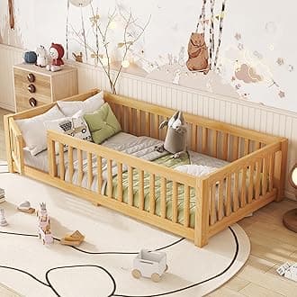Bellemave Twin Size Floor Bed with Door and Fence for Kids, Montessori Floor Bed with Slats and Safety Guardrails,Solid Wood Twin Bed Frame for Girls Boys(Twin,Natural)