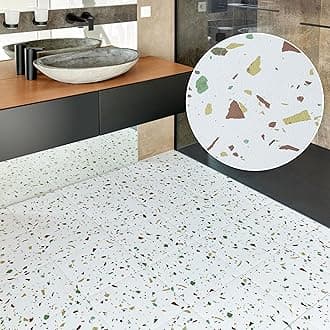 Vinyl Floor Tiles Self Adhesive - 50 Pack To Cover 50 sqft (4.65sqm) - Vinyl Flooring Peel And Stick Floor Tile - 12x12in (30.5x30.5cm) For Kitchen, Living Room and Bathroom, Off White Terrazzo Effect