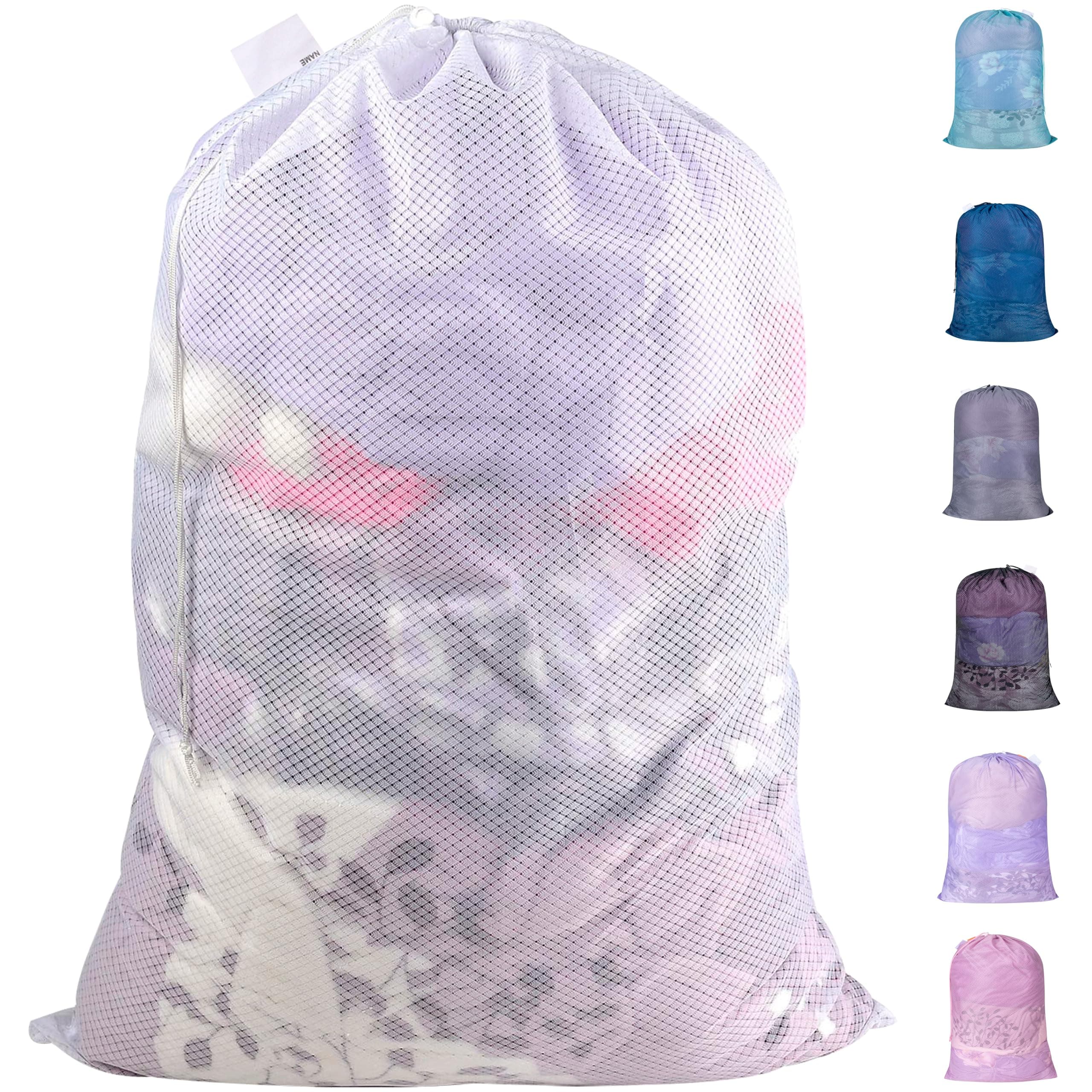 Polecasa 24 x 36 inches Extra Heavy Duty Large Mesh Laundry Bags with Drawstring Closure & ID Tag, Storage Bag for College, Travel, Sports, Dorms, White