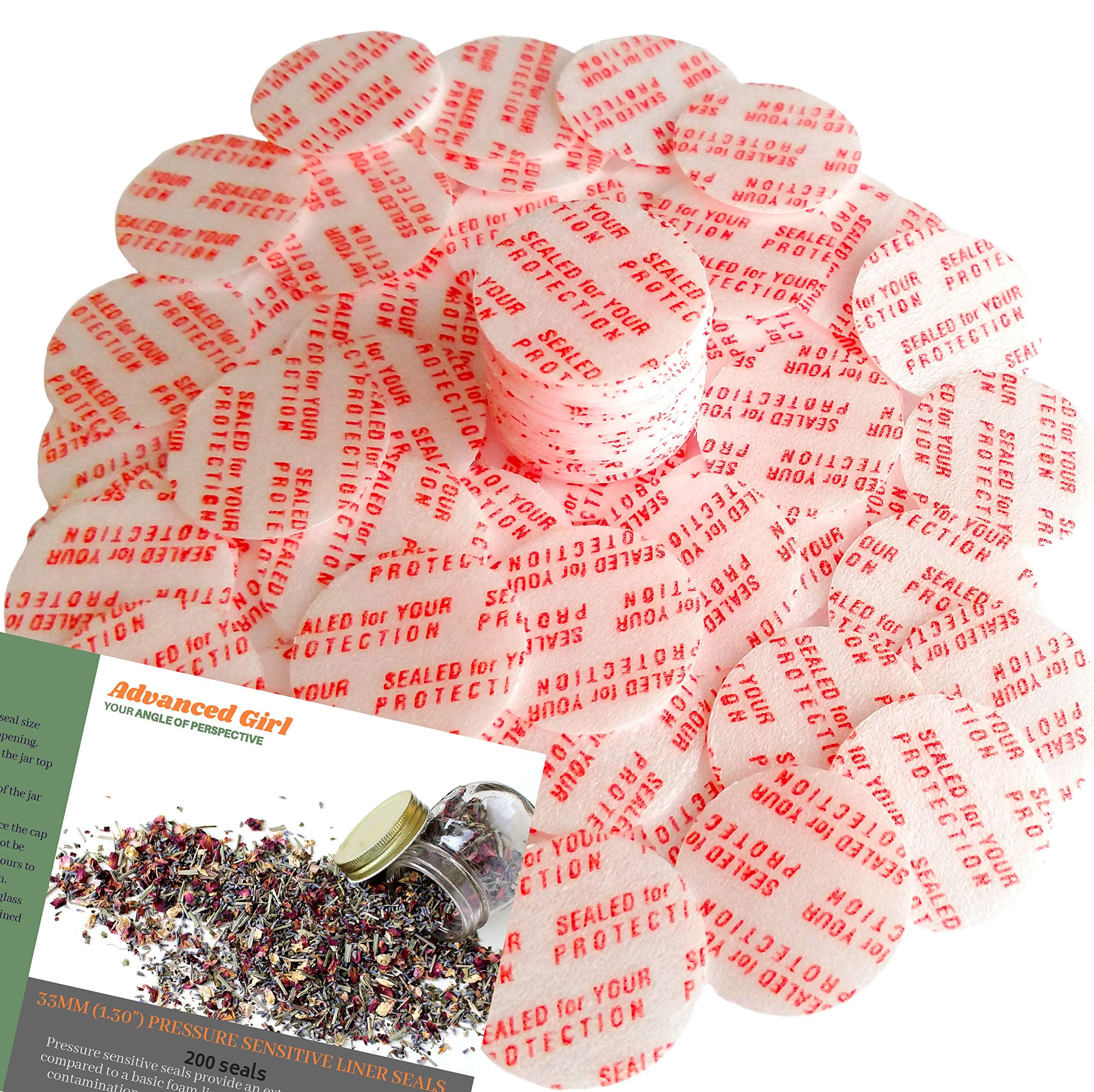 Torque Activated Pressure Sensitive Seals Cap Liners - 33 mm (1.30") -200 PCS -Made in USA- for Glass & Plastic Bottles & Containers - No Induction Sealer Needed