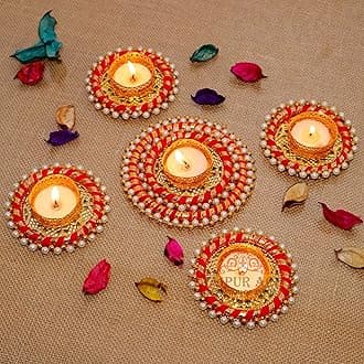 Jaipur Ace Decorative Diwali Tealight/Diya Set for Home Decoration | Traditional Handmade Rangoli Tealight Tealight/Candles Set for Diwali Ganesh Chaturthi Laxmi Pooja (Set of 5)