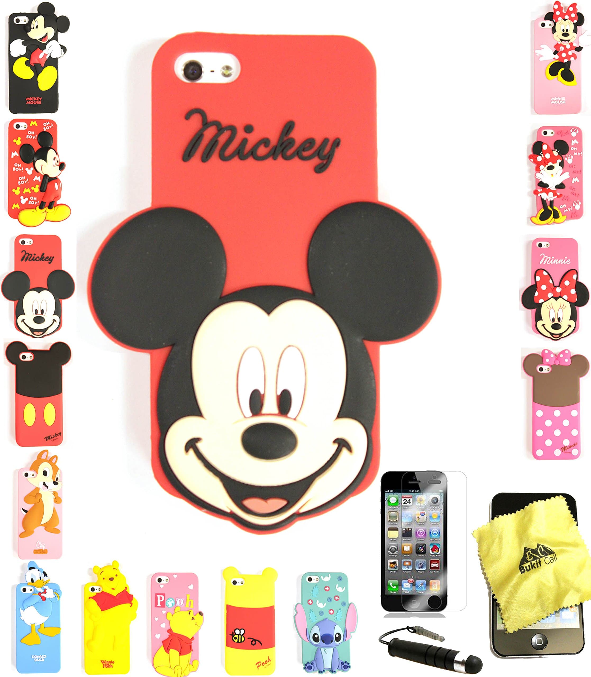 Bukit Cell ® 3D Cartoon Case Bundle - 4 Items: Smiling Mickey Cute Silicone Case for iPhone SE 5S 5 5G + Cleaning Cloth + Screen Protector + Metallic Stylus Touch Pen