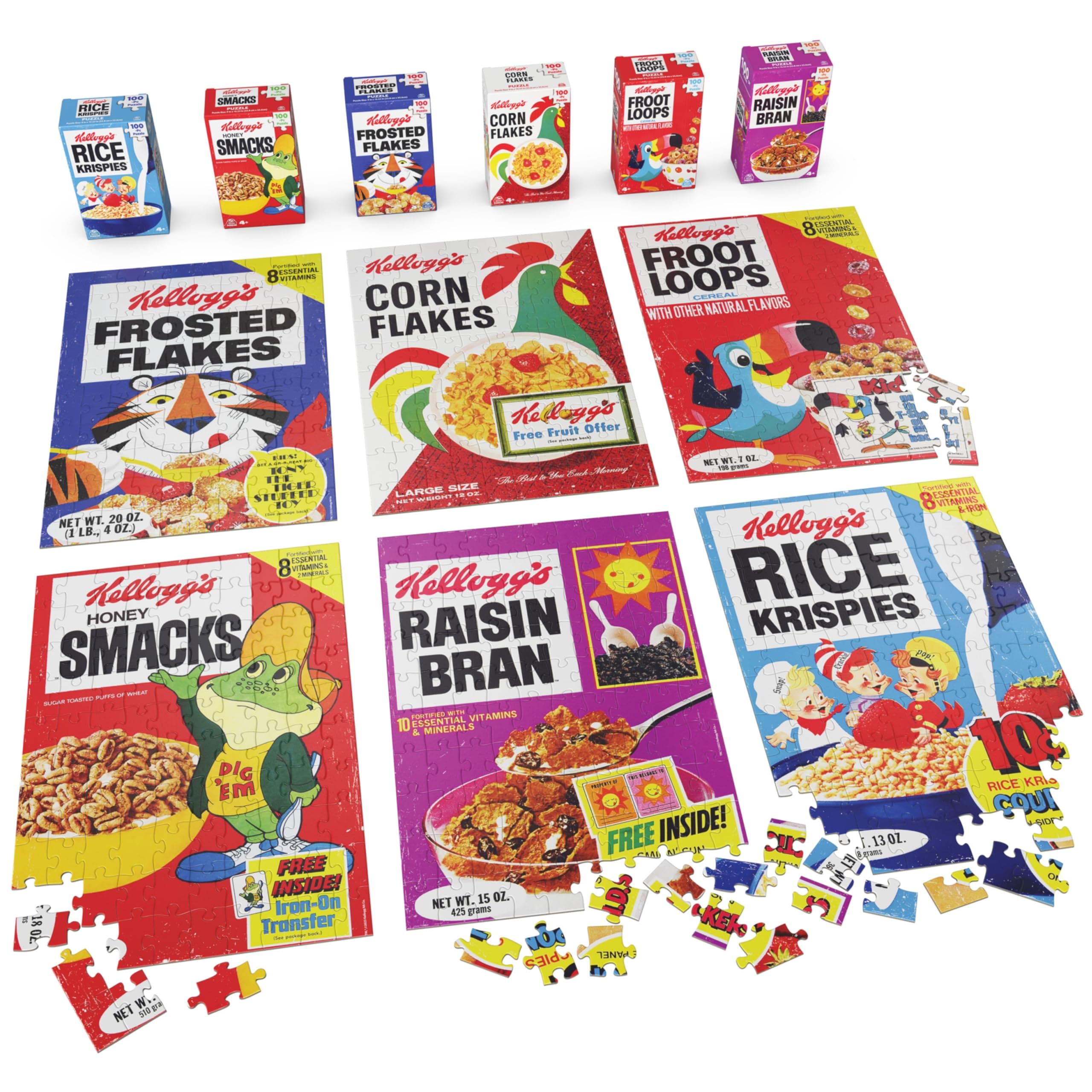Spin Master Games, Kellogg's Cereal 100-Piece Puzzles 6-Pack, Square Cereal Boxes Puzzle Gift Set, Froot Loops, Rice Krispies, Raisin Bran, Corn Flakes, Frosted Flakes, Honey Smacks for Ages 4 & Up