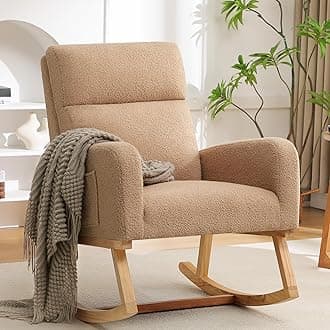Rocking Chair Nursery, Sherpa Nursing Rocking Chairs, Upholstered Nursery Glider Rocker for Mom Nursery Morden Accent Rocking Chair with Side Pocket for Living Room,Bedroom,Teddy Khaki