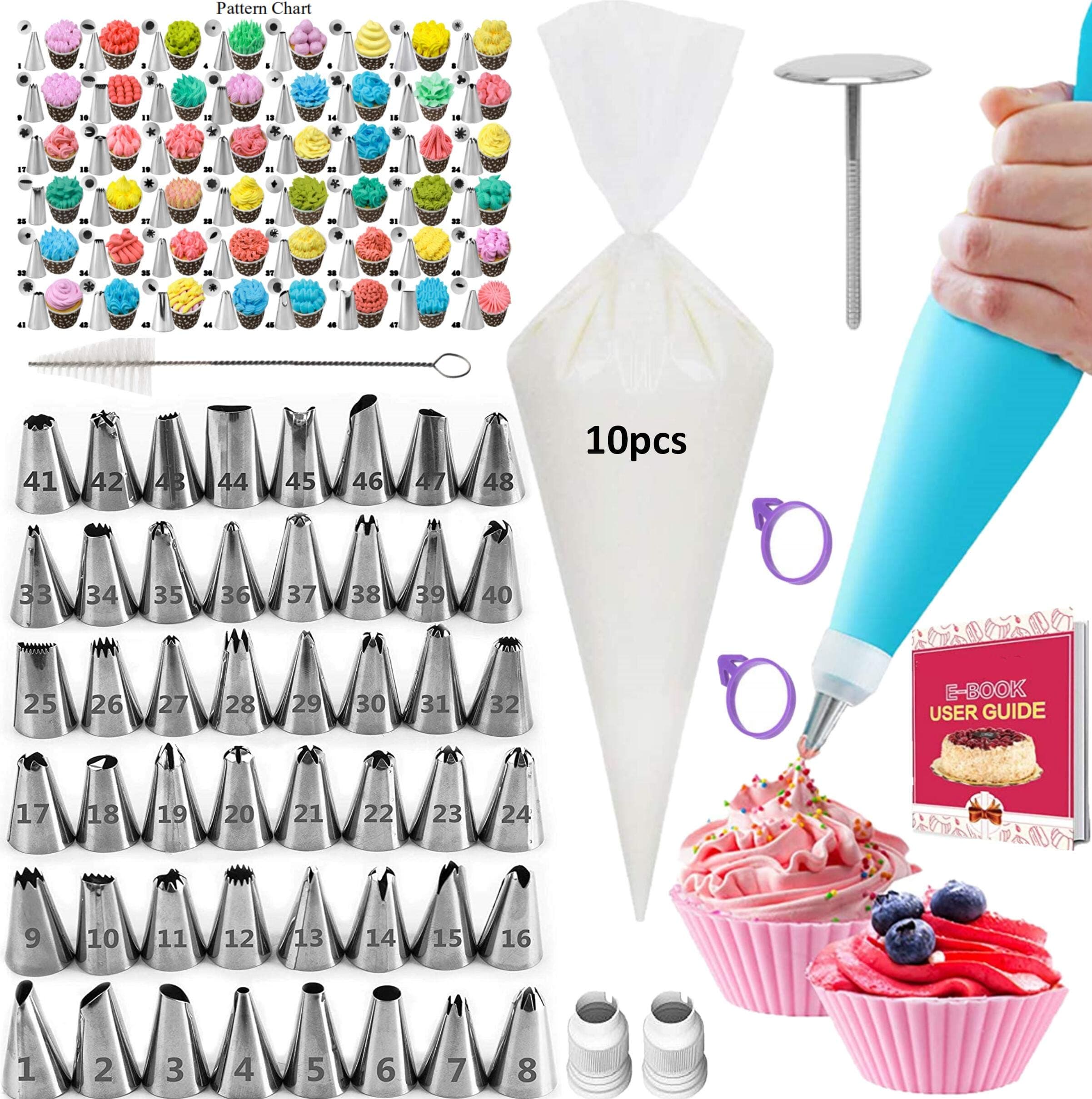 64-in-1 Cake Decorating Tips with 48 Number Icing Nozzles , 1 Silicone Pastry Bags, 1 Flower Nails, 2 Reusable Plastic Couplers, 1 Cake Brush,2 Bag Ties,10 Disposable Icing Bag