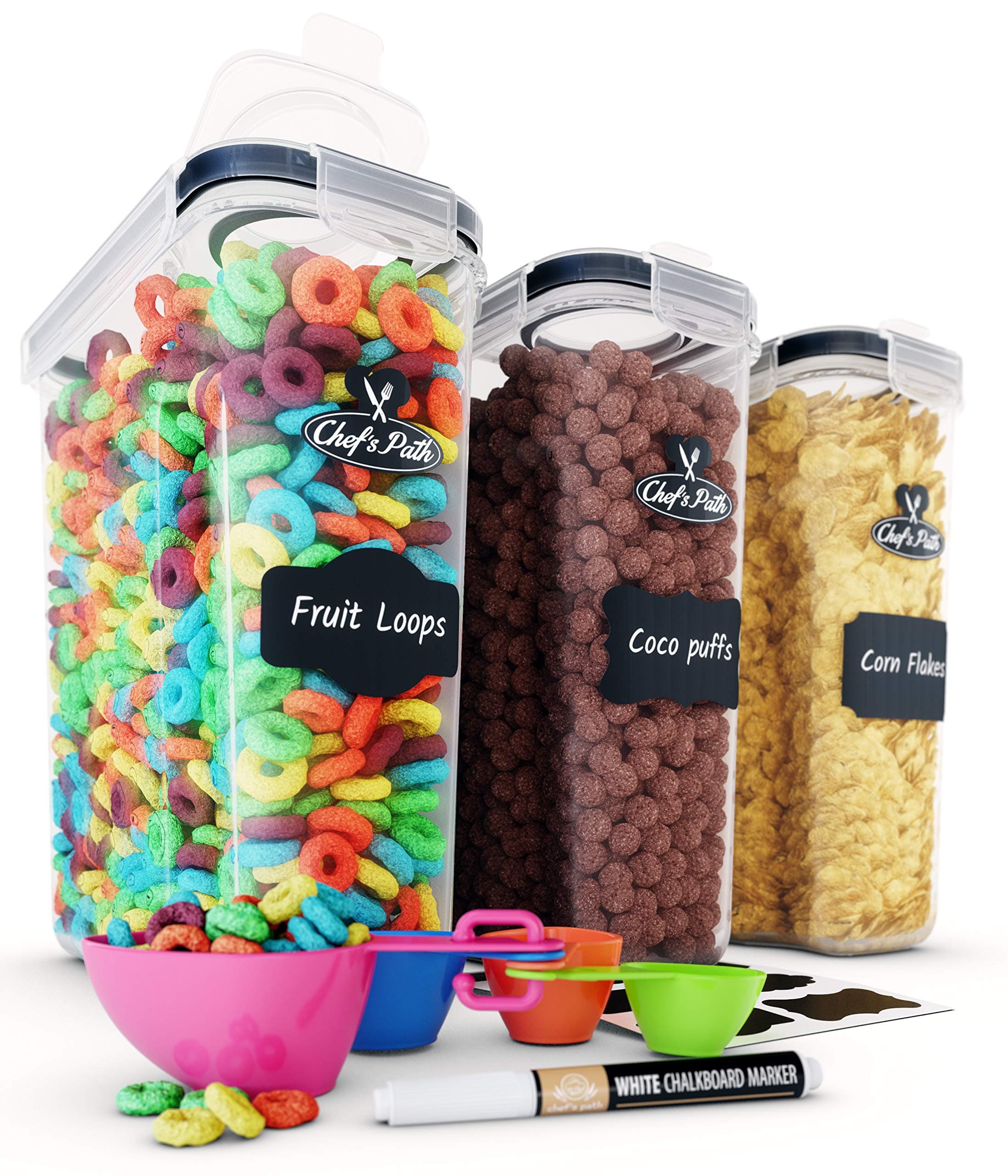 Chefââ‚¬â„¢s Path Cereal Storage Container Set - 100% Airtight Best Food Storage Containers, 8 FREE Chalkboard Labels & Pen, Great for Flour, Sugar & More - BPA Free Dispenser Keepers (16.9 Cup 135.2oz) 3PC