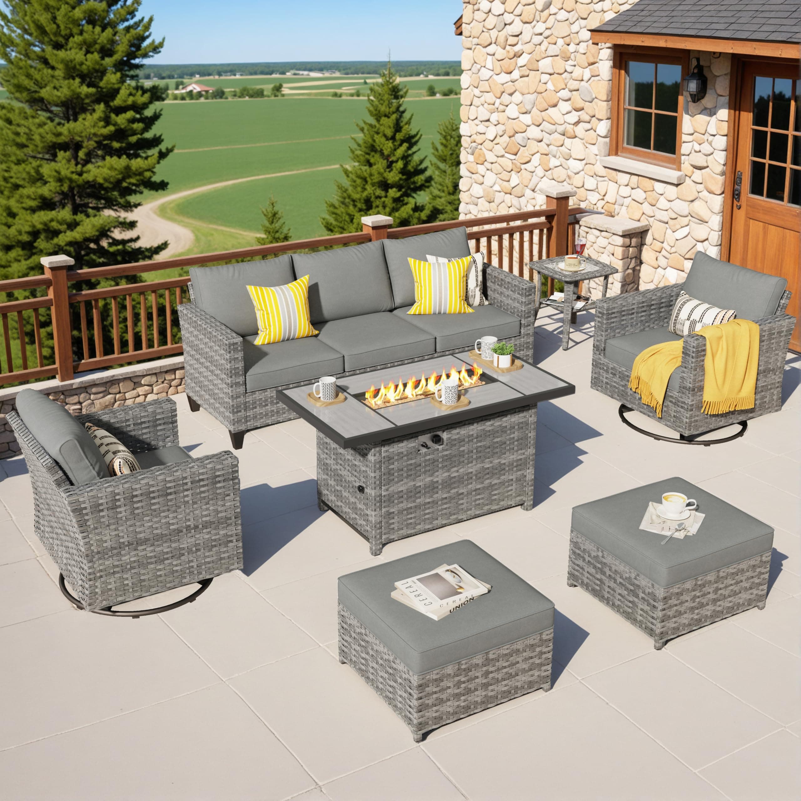 ovios 7 Pieces Patio Furniture Set with Rectangular Fire Pit Table, Swivel Rocking Chairs, Outdoor High Back Wicker Rattan Conversation Set for Deck Porch, Dark Grey