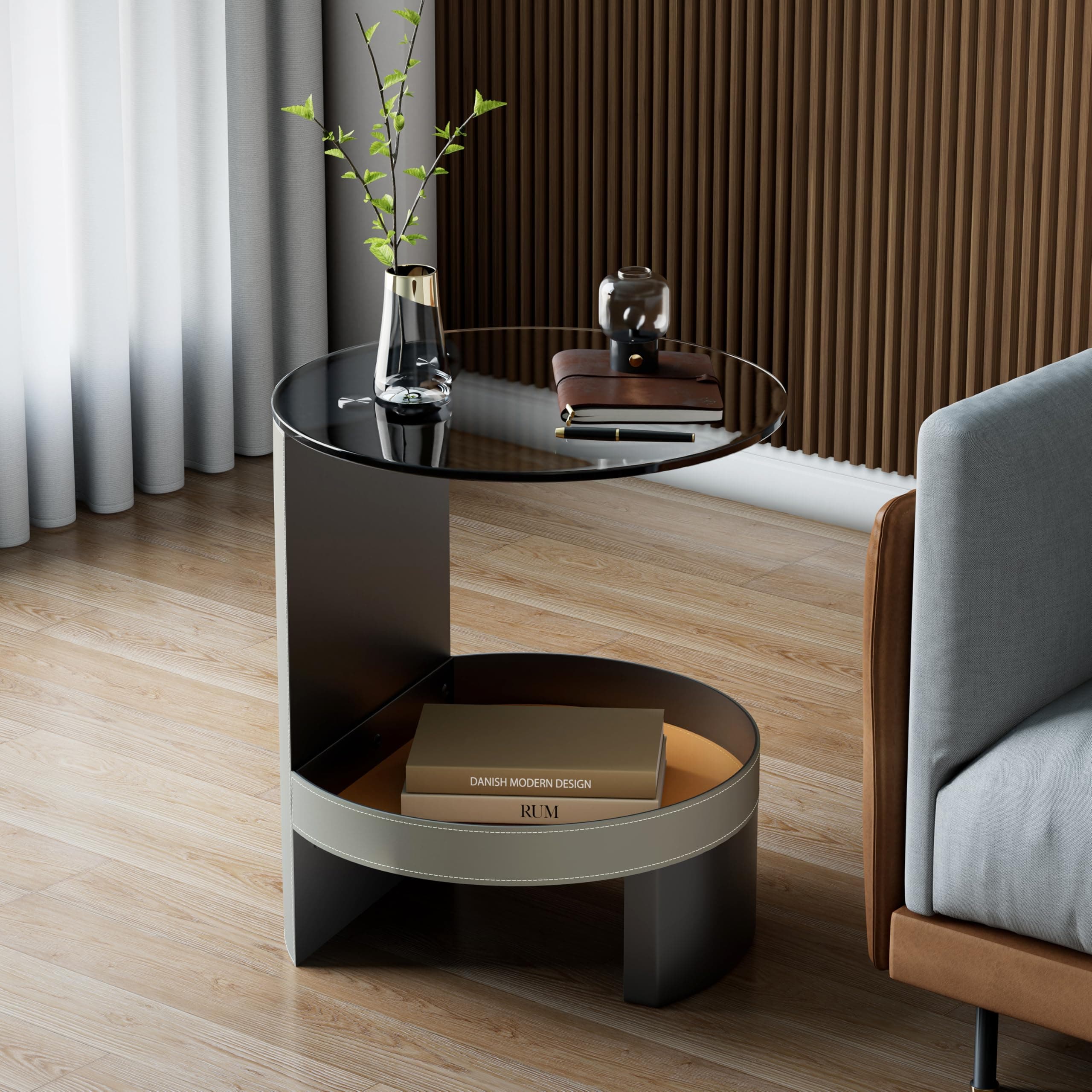 Wisfor Saddle Leather Side Table: 2-Tier End Table with Tempered Glass-top Living Room Sofa Table Storage Coffee Table Bedroom Accent Table