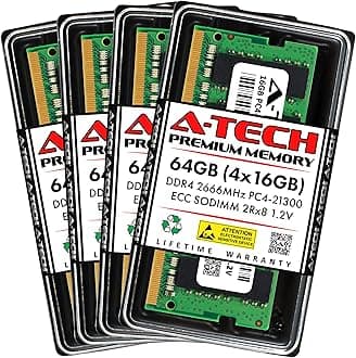 A-Tech 64GB Kit (4x16GB) DDR4 2666MHz PC4-21300 ECC SODIMM 2Rx8 Dual Rank 1.2V 260-Pin RAM Memory Upgrade Modules for Microserver, Workstation, and Networking Platforms