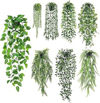 Der Rose 8 Packs Fake Hanging Faux Plants Artificial Plants Indoor in Black Pots for Bedroom Kitchen Living Room Farmhouse Decor