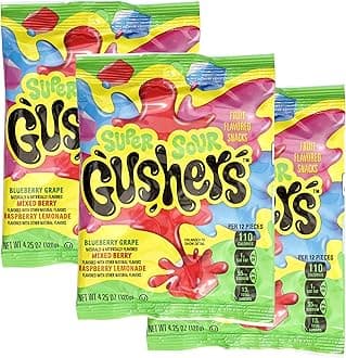 Super Sour Gushers Fruit Flavored Snack Packs, 3 Pack (4.25oz Each Bag), Blueberry Grape, Mixed Berry & Raspberry Lemonade Flavor