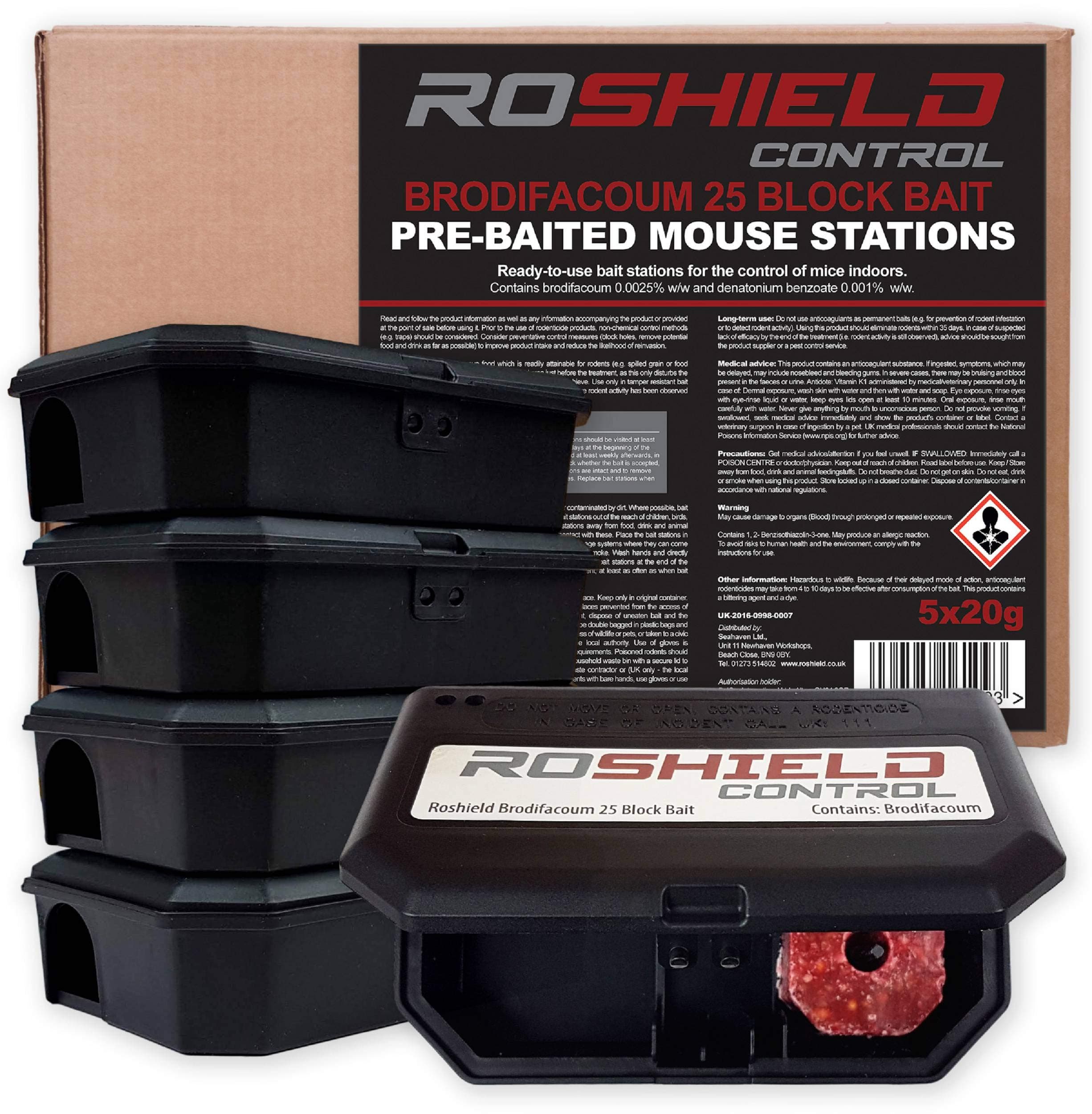 ROSHIELD - 5 PRE-BAITED Mouse Poisoning Bait Box Kit | Single Feed Mice Killer | Mouse Traps for indoor/Outdoor Fast & Safe Infestation Control | READY -TO USE, Brodifacoum Mice killer, UK Made