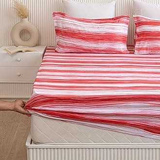 HOMEMONDE Fitted Bedsheet for Double-Size 210 TC Striped Printed Cotton Elasticated Fitted Sheet 72 x 72 Inch with 2 Pillow Cover 18 x 28 Inch - Pink