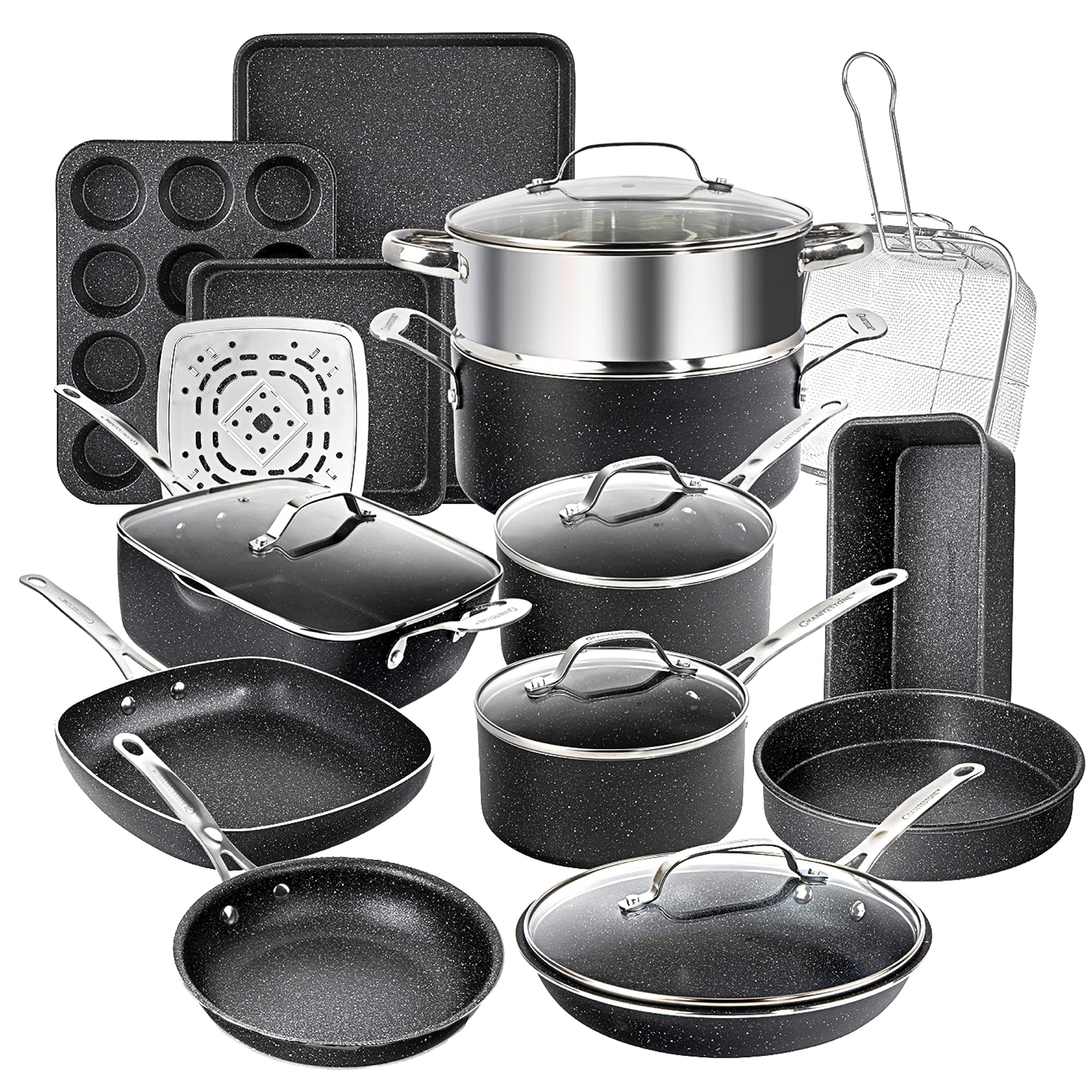 20 Pc Pots and Pans Set Nonstick Kitchen Cookware Set with Frying Pan, Bakeware & Steamer, Diamond Infused, Non Toxic PFOA PFOS Free, Metal Utensil Safe, Oven & Dishwasher Safe, Black