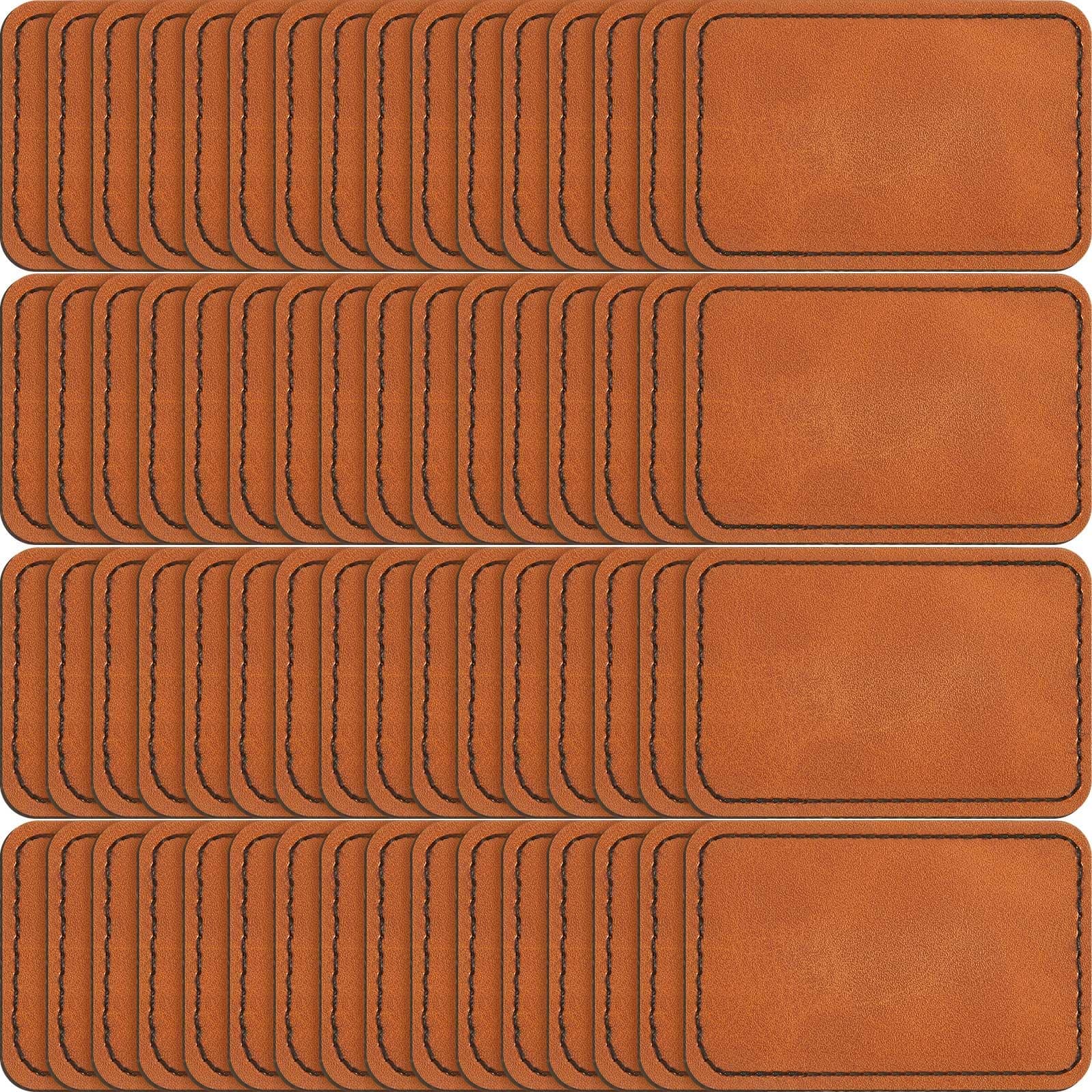 Dunzy 60 Pcs Leather Hat Patches Blank Leatherette Hat Patch with Adhesive Rectangle Laserable Leatherette Patch for Hats Custom Fabric Sew Laser Engraving DIY(Khaki,3 x 2 Inch)