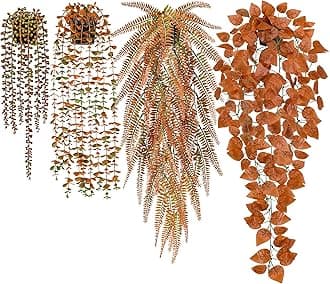 Der Rose 4Pcs Fake Fall Plants Hanging Orange Artificial Eucalyptus Plants, Boston Fern, Fake Potho, String of Pearls for Halloween Bathroom Table Centerpiece Wall Mantle Decor Indoor and Outdoor