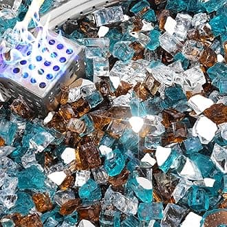 NUPICK 5 Pound Fire Glass, 1/2 Inch Reflective Fire Pit Glass, Tempered Firepit Glass Rock for Propane or Natural Gas, Glass Rocks for Fire Pit Table or Fireplace, Aqua Blue & Copper & Platinum Mix