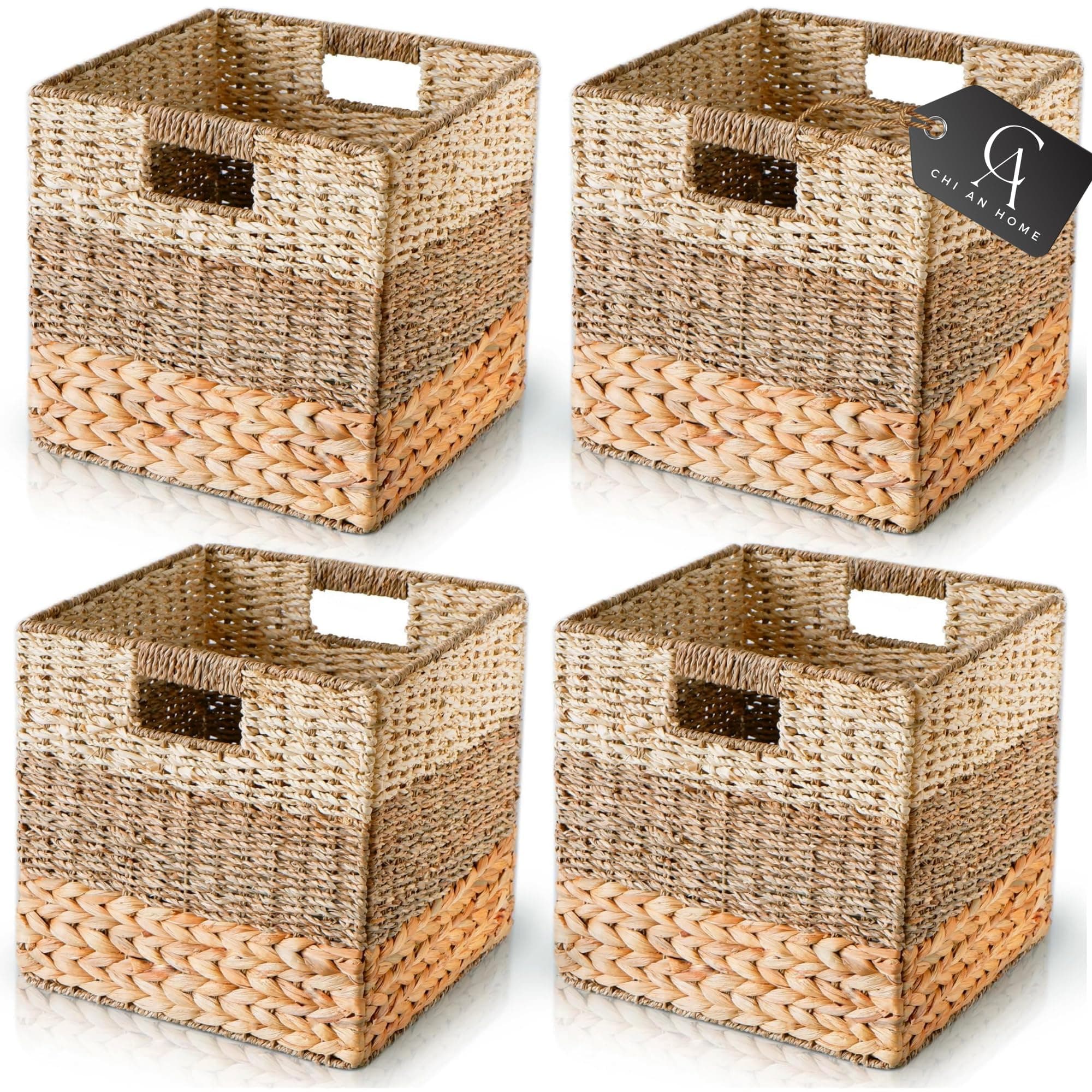 CHI AN HOME 12x12 Storage Cube Bins Wicker Storage Basket for Cube Shelf, Natural Foldable Square Baskets for Storage, Large Woven Cube Storage Bin with Handle, Baskets for Pantry, Bedroom Set of 4
